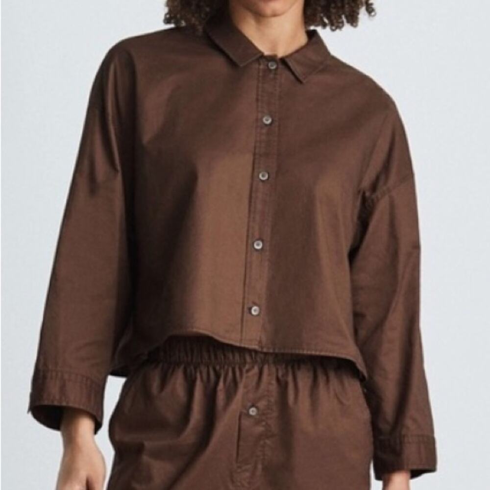 Everlane Woven PJ Top Boxy Button Down Drop Shoulder Long Sleeves Brown S